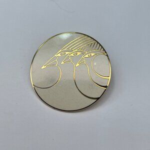 Celestial Birds Enamel Brooch Pin RARE Signed Laurel Burch Cream Gold Tone MCM